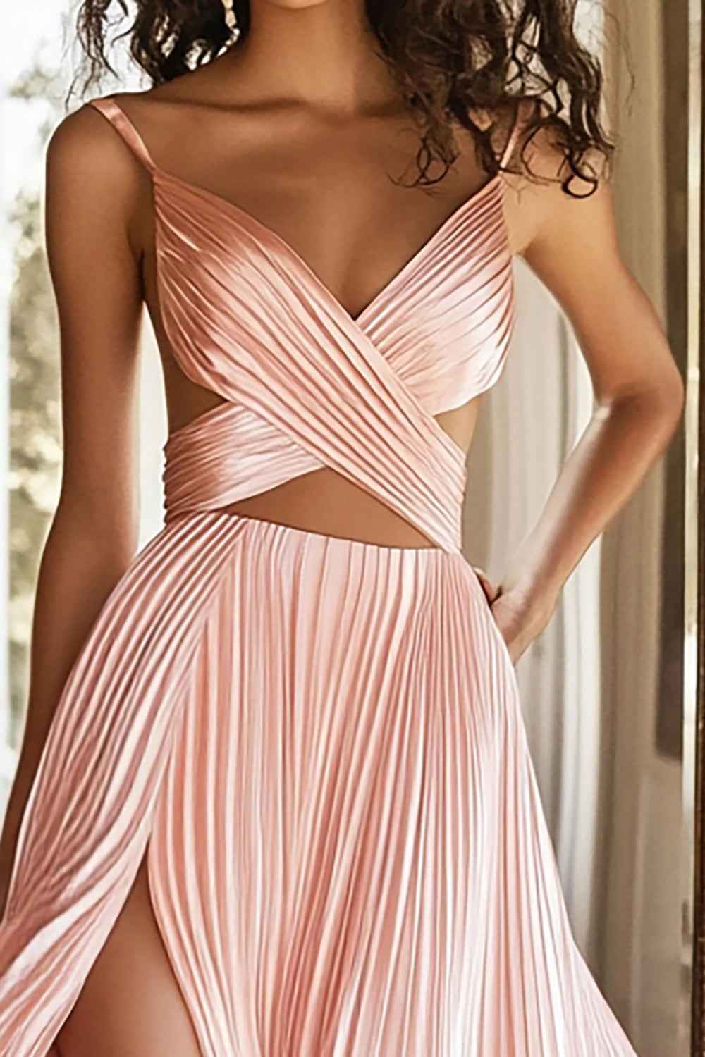 Pink A Line Pleated Spaghetti Straps Cut Out Long Prom Dress with Slit