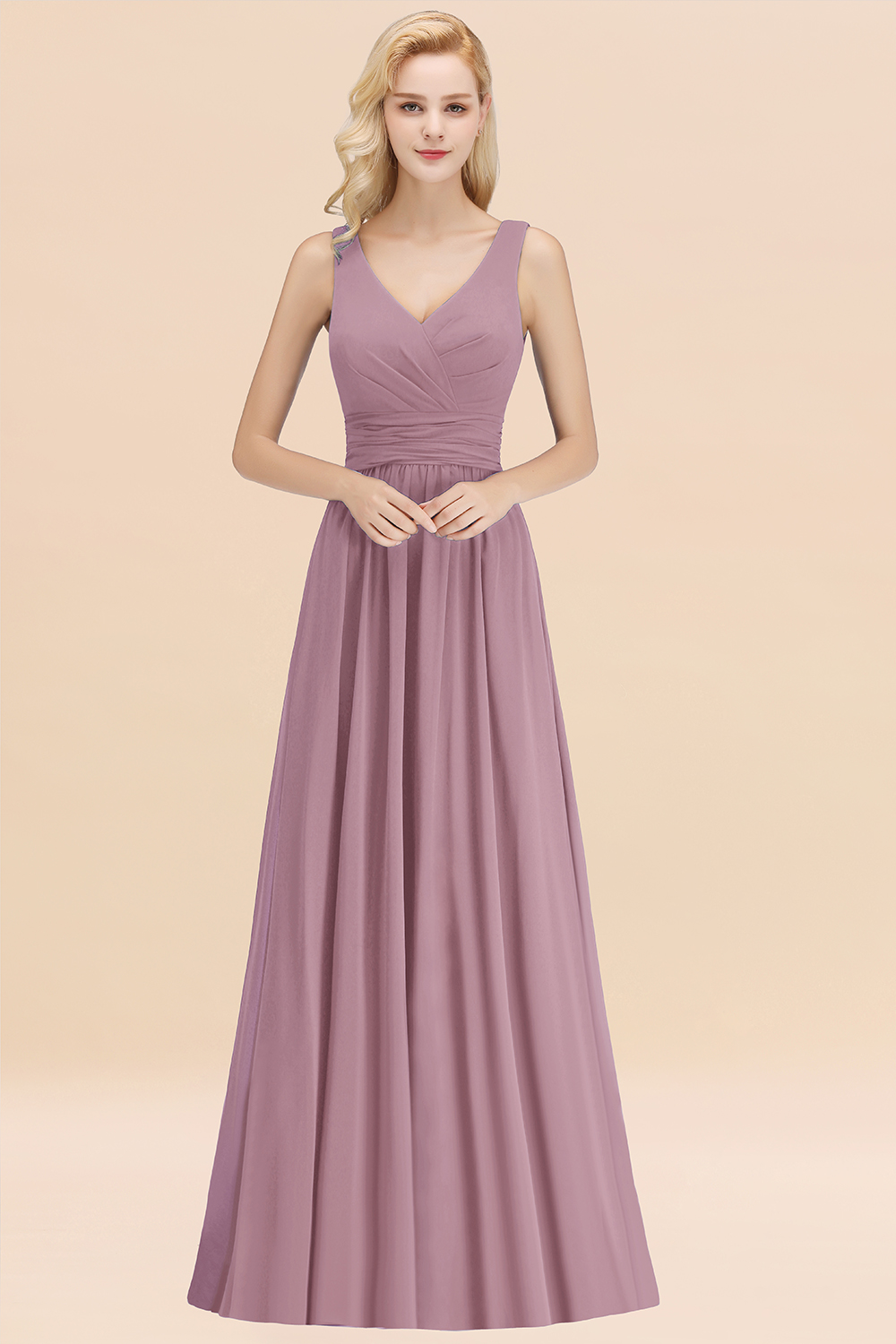 BMbridal Modest Sleeveless V-Neck Long Chiffon Bridesmaid Dress Online with Ruffle-BMbridal