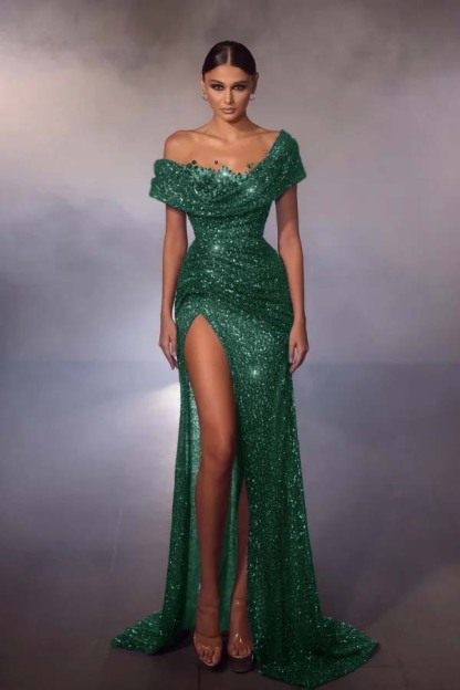 Off the Shoulder Sleeveless Long Split Prom Dress With Beading
