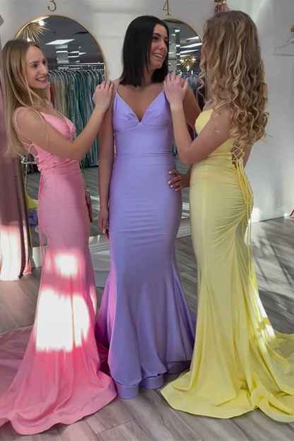 Elegant Blue Satin Spaghetti Straps Backless Deep V-Neck Long Mermaid Prom Dress