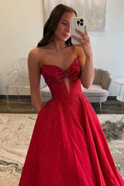 Sparkly White Sweetheart Beaded Princess Long Corset Prom Dress with Bow