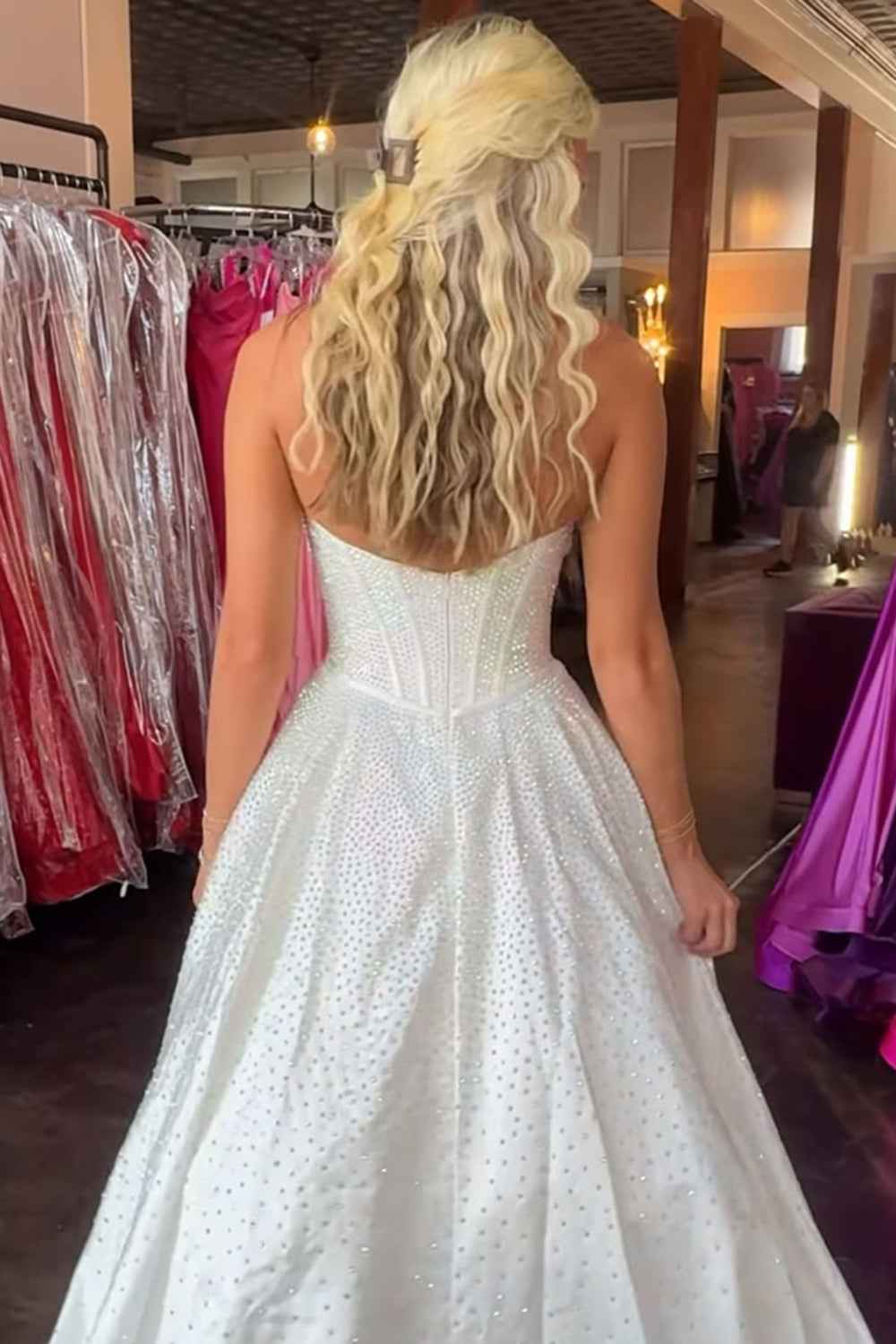 Sparkly White Sweetheart Beaded Princess Long Corset Prom Dress with Bow