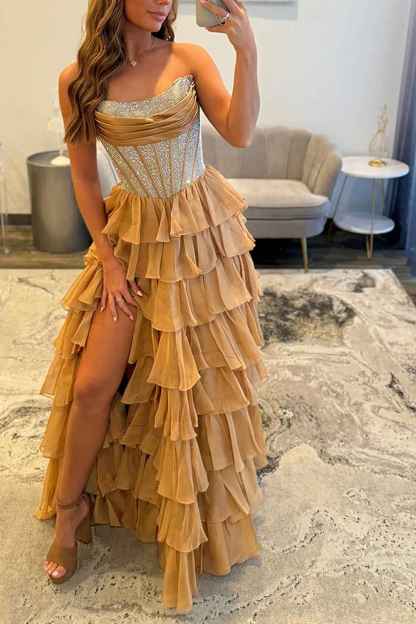 Navy Sparkly Strapless Corset A Line Long Chiffon Prom Dress