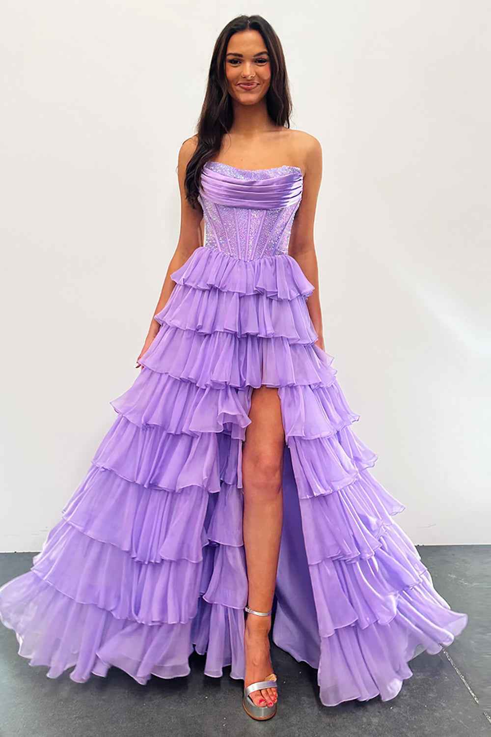 Navy Sparkly Strapless Corset A Line Long Chiffon Prom Dress