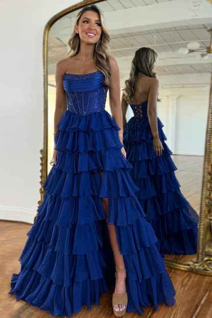 Navy Sparkly Strapless Corset A Line Long Chiffon Prom Dress