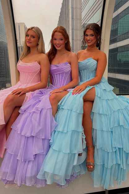 Navy Sparkly Strapless Corset A Line Long Chiffon Prom Dress
