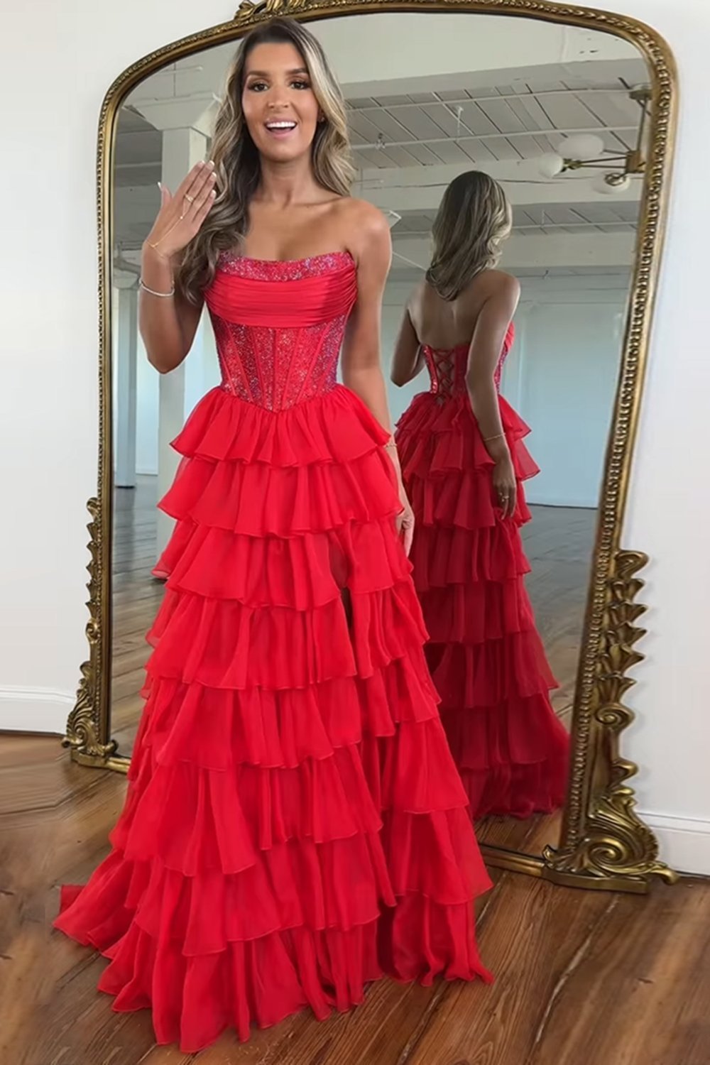 Navy Sparkly Strapless Corset A Line Long Chiffon Prom Dress