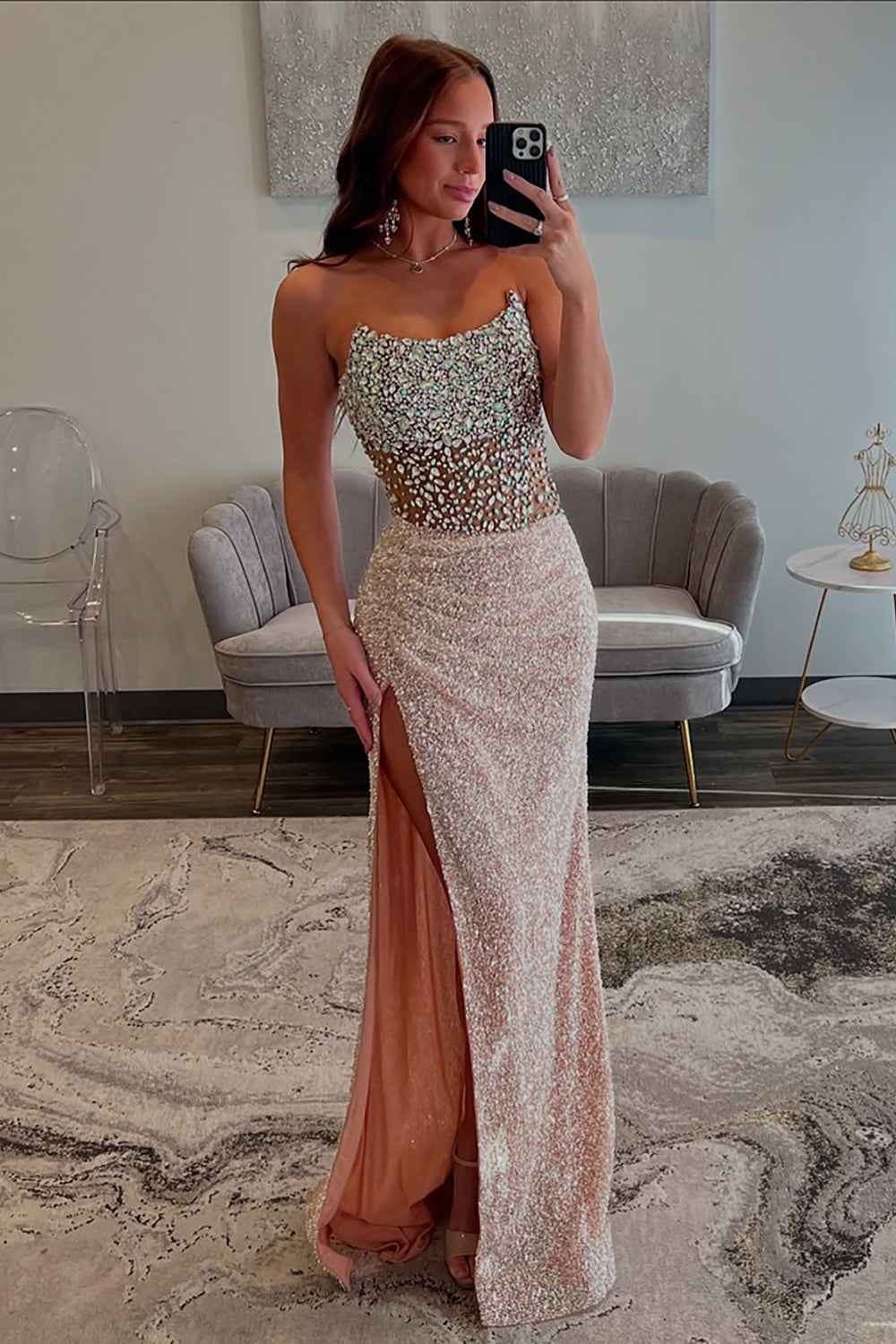 Sparkly Champagne Corset Strapless Long Prom Dress with Slit