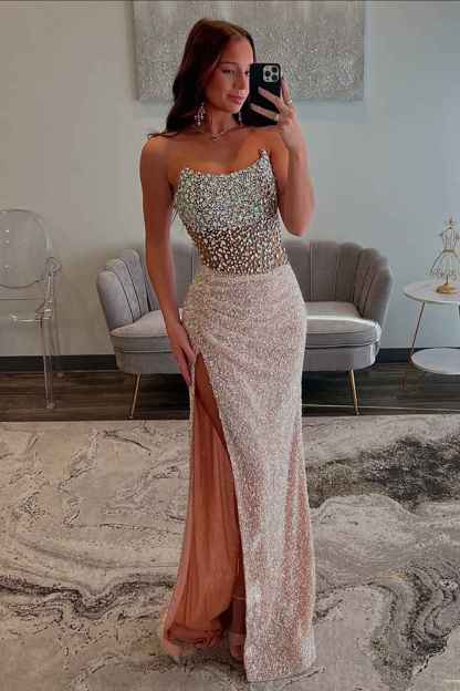 Sparkly Champagne Corset Strapless Long Prom Dress with Slit