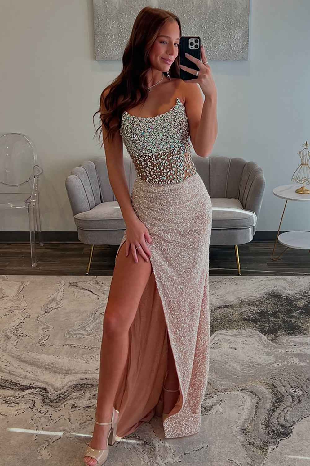 Sparkly Champagne Corset Strapless Long Prom Dress with Slit