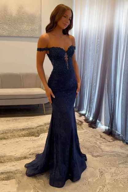 Sparkly Off the Shoulder Navy Mermaid Corset Long Lace Prom Dress