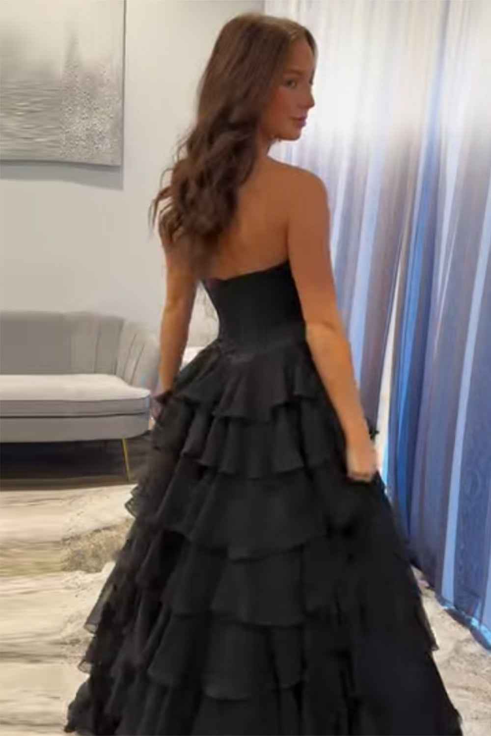 Black A Line Tiered Sweetheart Long Corset Prom Dress with Slit