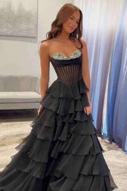 Black A Line Tiered Sweetheart Long Corset Prom Dress with Slit