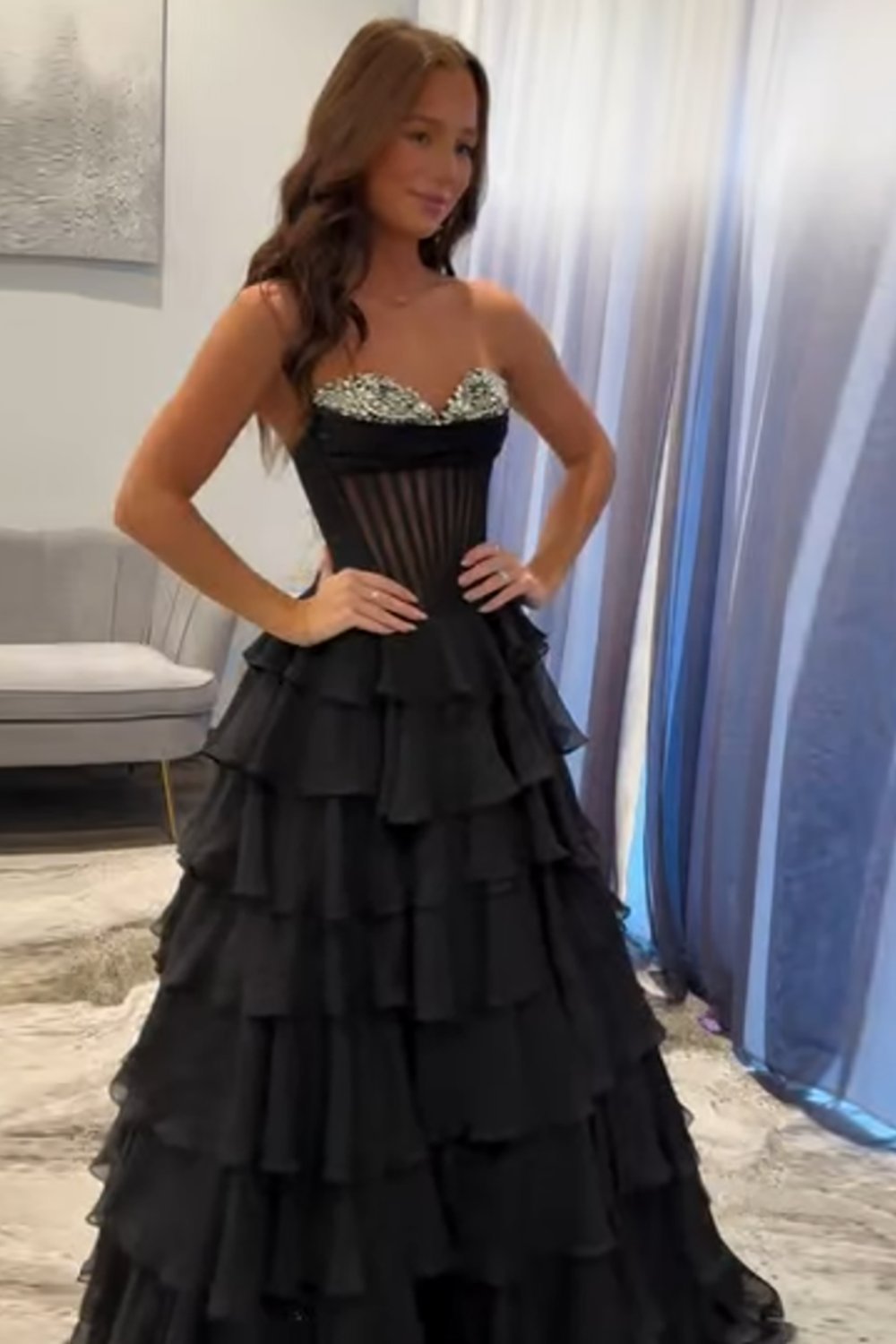Black A Line Tiered Sweetheart Long Corset Prom Dress with Slit