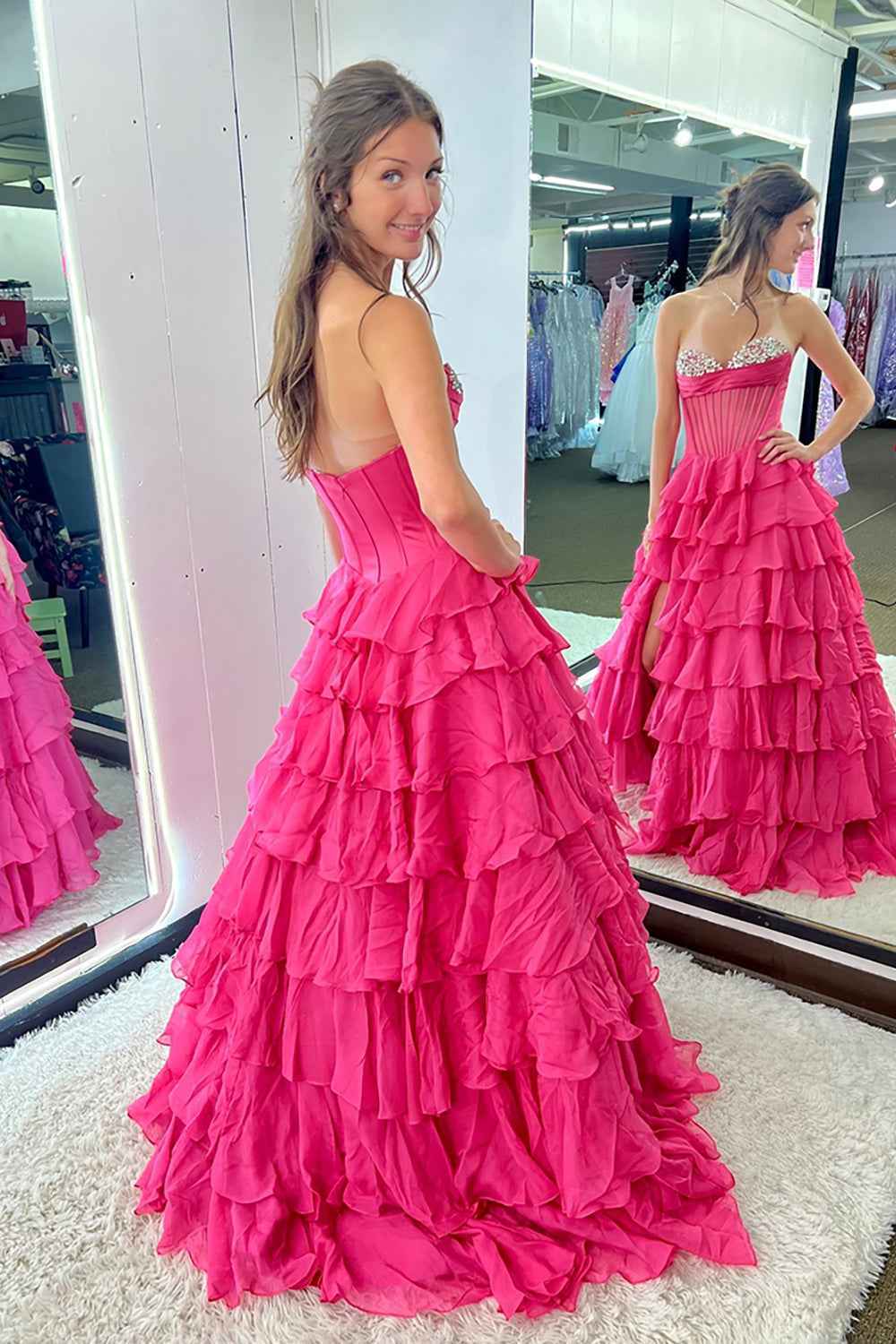 Black A Line Tiered Sweetheart Long Corset Prom Dress with Slit