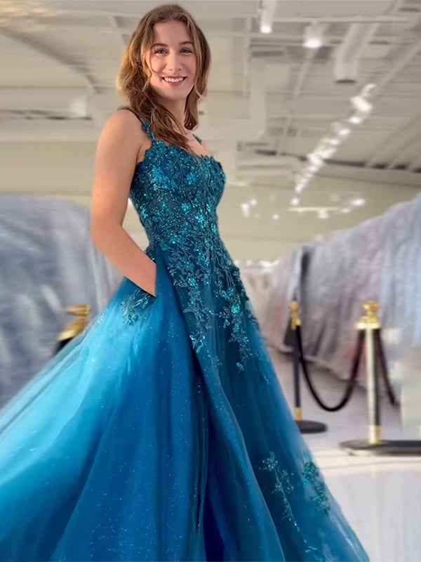 Peacock Blue A Line Slit Long Tulle Prom Dress with Appliques