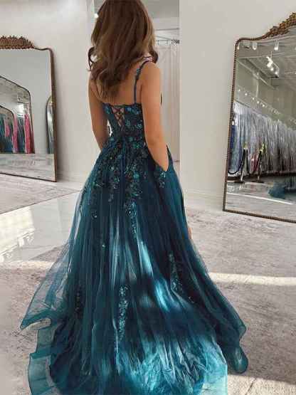 Peacock Blue A Line Slit Long Tulle Prom Dress with Appliques