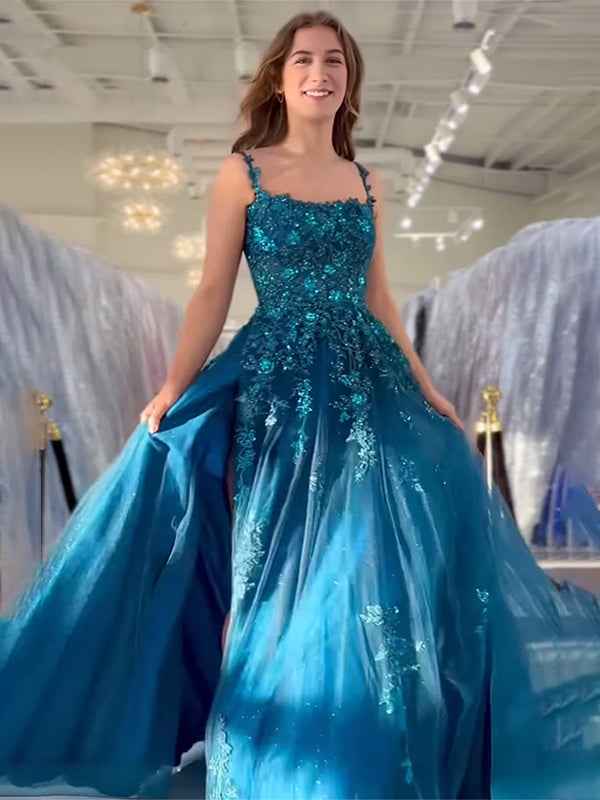 Peacock Blue A Line Slit Long Tulle Prom Dress with Appliques