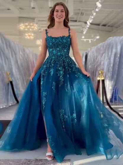 Peacock Blue A Line Slit Long Tulle Prom Dress with Appliques