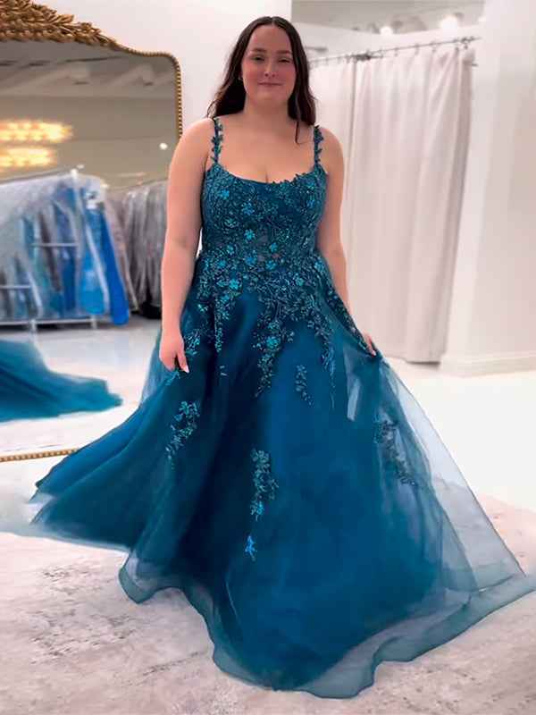 Peacock Blue A Line Slit Long Tulle Prom Dress with Appliques