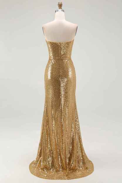 Sparkly Gold Sequins Mermaid Strapless Long Formal Dress with Slit