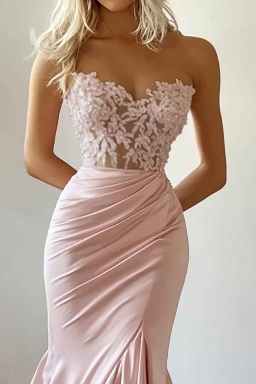 Elegant Pink Mermaid Satin Strapless Long Corset Prom Dress with Lace
