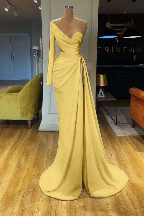 White Long Sleeve Sweetheart Mermaid Prom Dress One Shoulder With Split