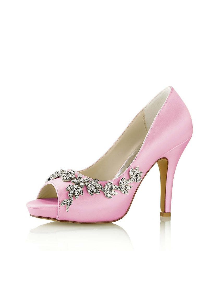 Bridal Satin High Heel Peep Toe Shoes with Rhinestones for Women