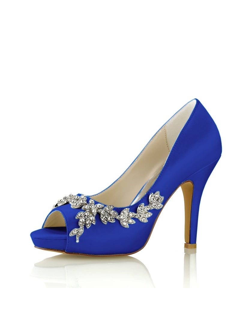 Bridal Satin High Heel Peep Toe Shoes with Rhinestones for Women