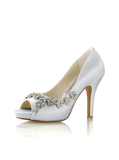 Bridal Satin High Heel Peep Toe Shoes with Rhinestones for Women