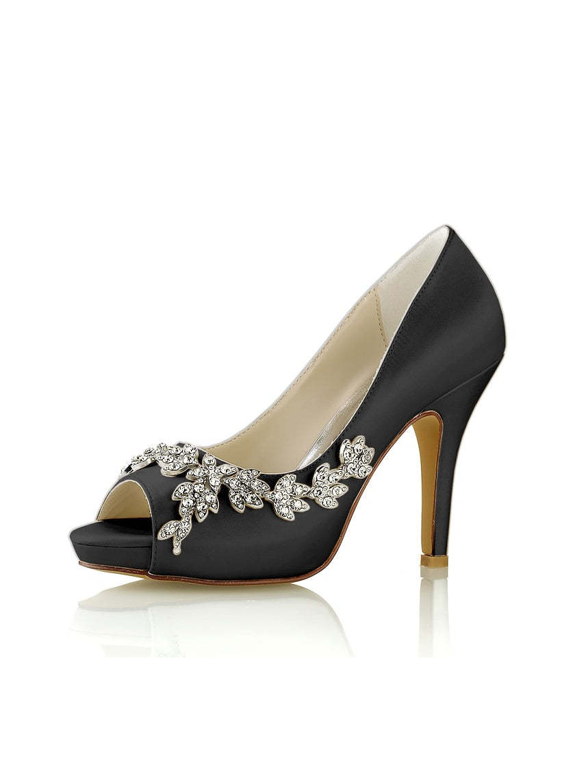 Bridal Satin High Heel Peep Toe Shoes with Rhinestones for Women