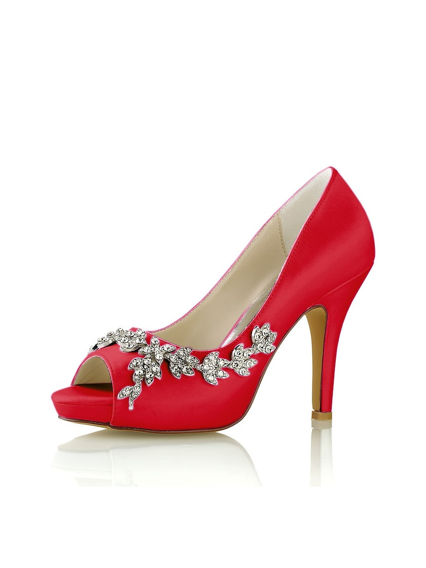 Bridal Satin High Heel Peep Toe Shoes with Rhinestones for Women