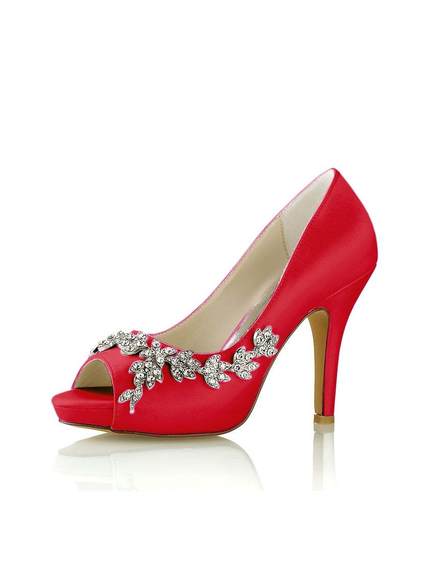 Bridal Satin High Heel Peep Toe Shoes with Rhinestones for Women