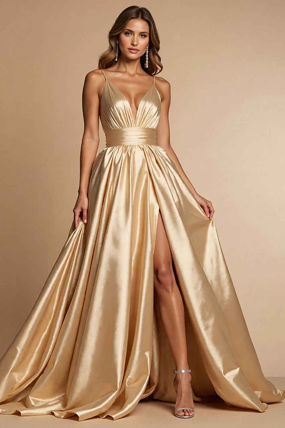 Golden A Line Satin Spaghetti Straps Long Prom Dress with Slit