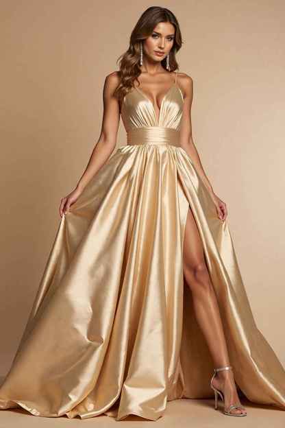 Golden A Line Satin Spaghetti Straps Long Prom Dress with Slit