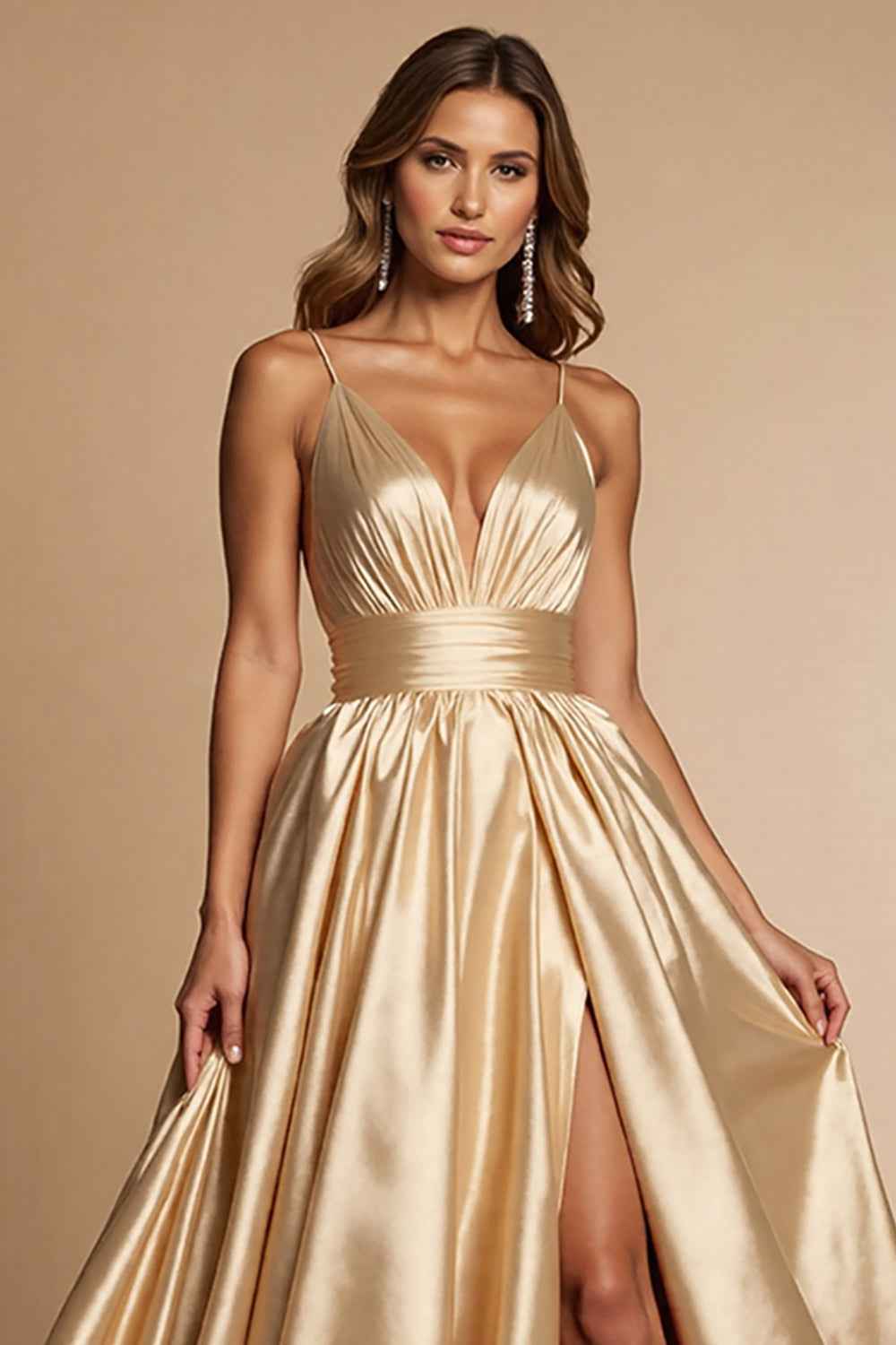 Golden A Line Satin Spaghetti Straps Long Prom Dress with Slit