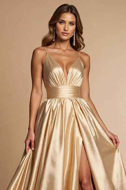 Golden A Line Satin Spaghetti Straps Long Prom Dress with Slit