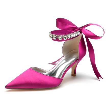 Bridal Shoes for Women with Rhinestone Bow Buckle Pointed Toe and Mid Heel