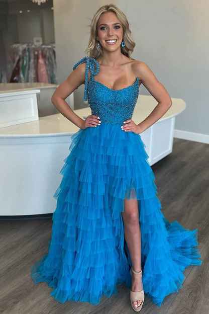 Sparkly White A Line Tiered Beaded Long Ruffled Pageant Dress with Slit