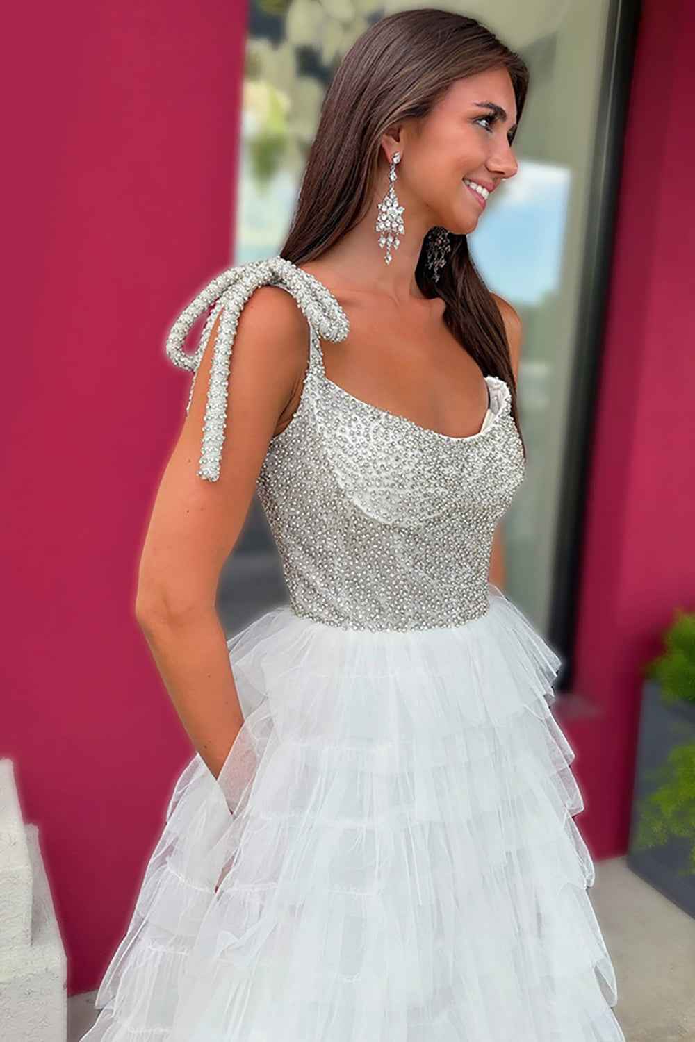 Sparkly White A Line Tiered Beaded Long Ruffled Pageant Dress with Slit