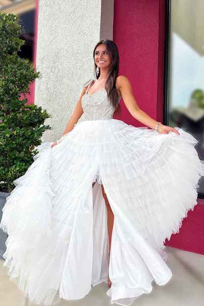 Sparkly White A Line Tiered Beaded Long Ruffled Pageant Dress with Slit