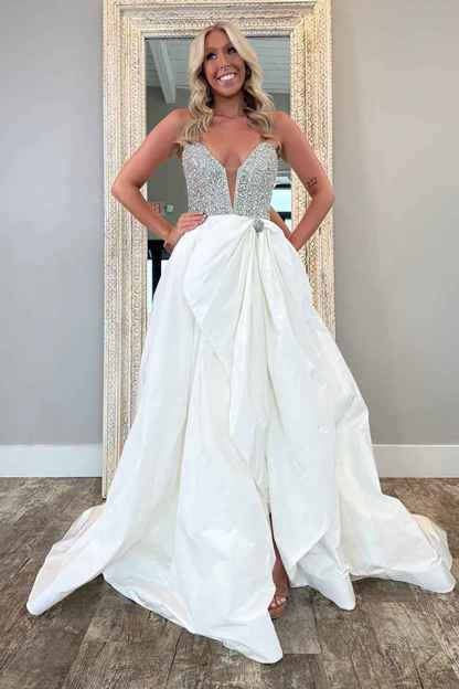 Sparkly White Sweetheart Ball Gown Beaded Long Corset Pageant Dress with Bow