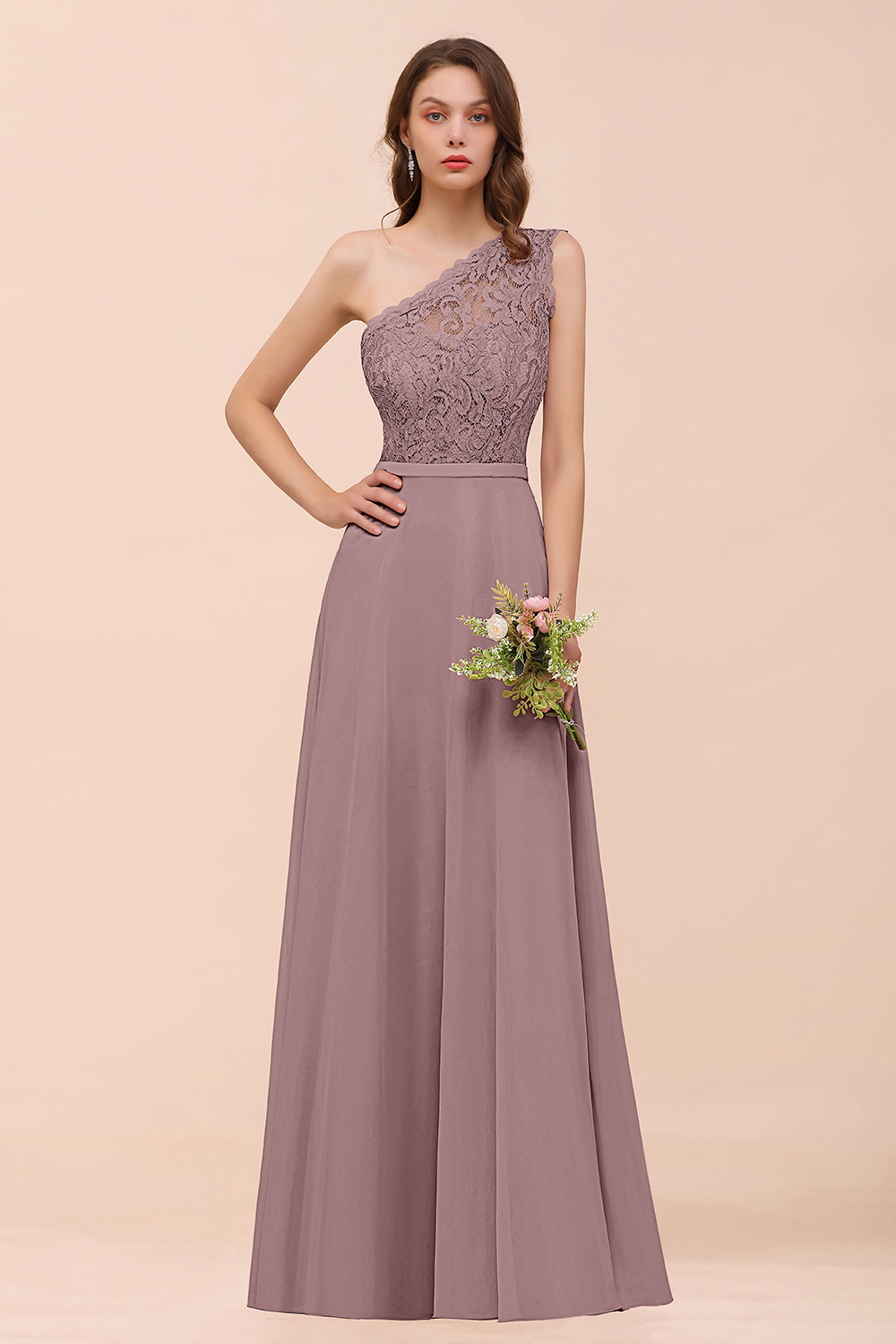 BMbridal New Arrival Dusty Rose One Shoulder Lace Long Bridesmaid Dress-BMbridal