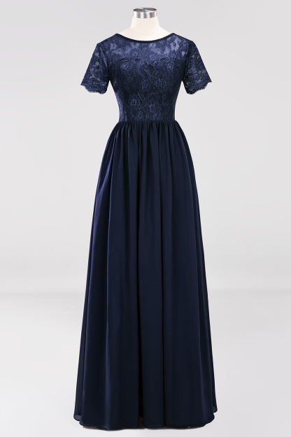 BMbridal Elegant Dark Navy Long Lace Bridesmaid Dresses with Short-Sleeves-BMbridal