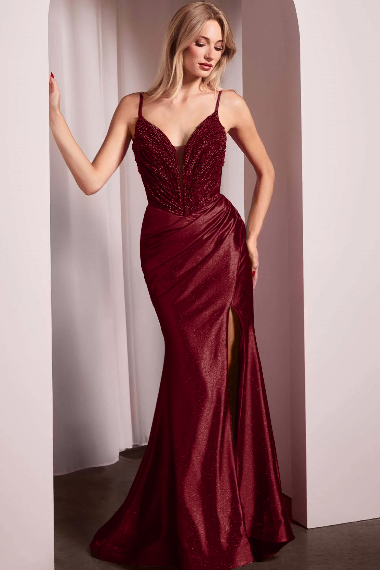 Spaghetti Strap Long Mermaid Prom Dress With Split Beading Pleated