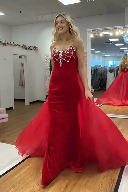 Sparkly White Strapless Mermaid Satin Long Prom Dress with Beading