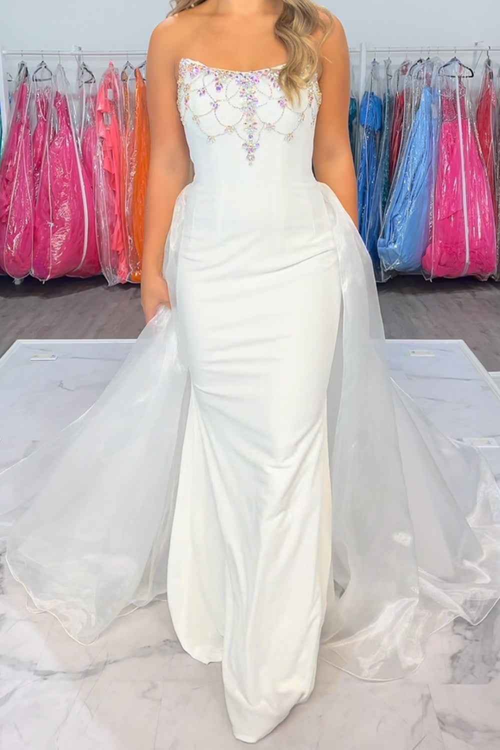 Sparkly White Strapless Mermaid Satin Long Prom Dress with Beading