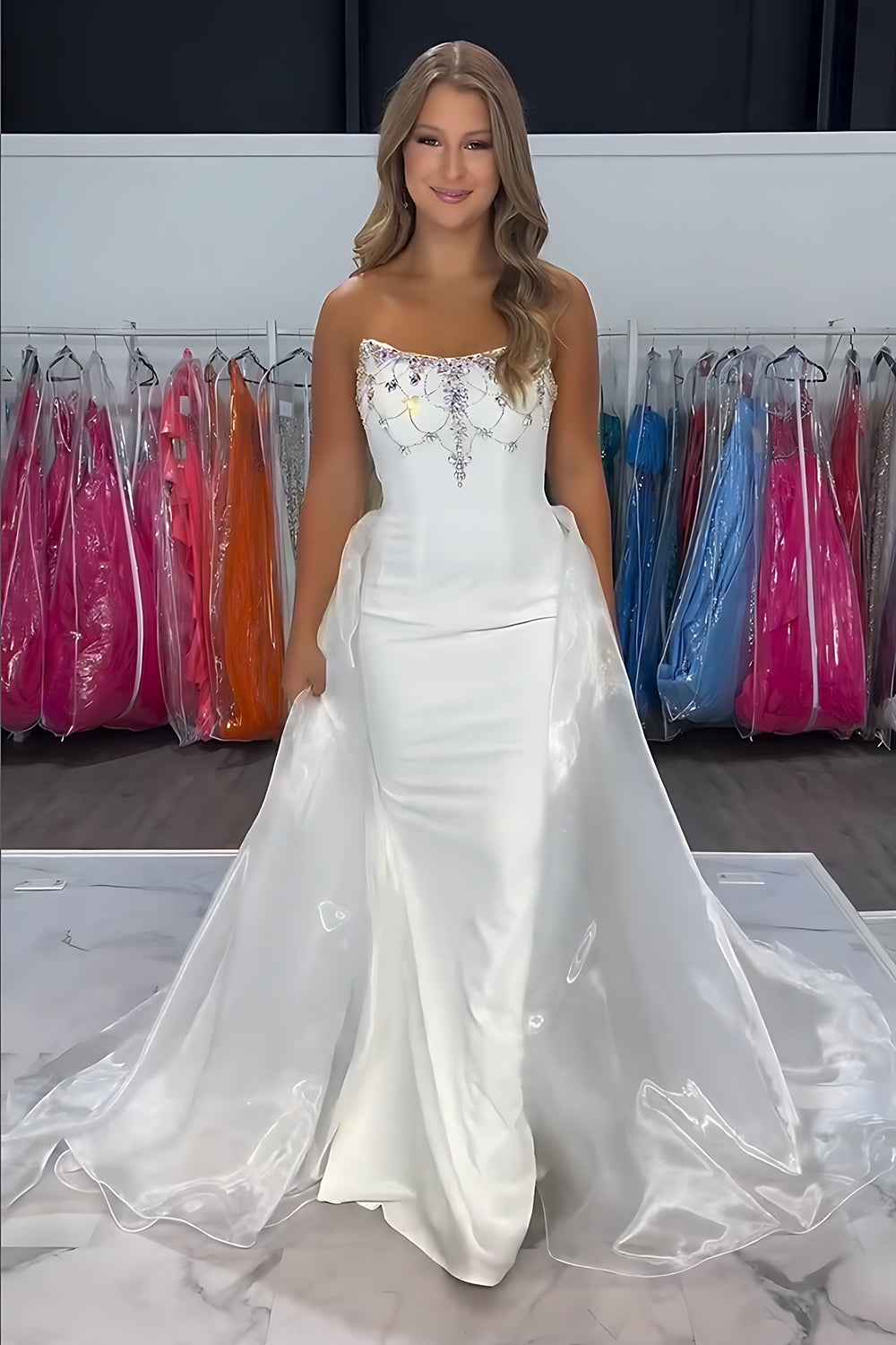 Sparkly White Strapless Mermaid Satin Long Prom Dress with Beading