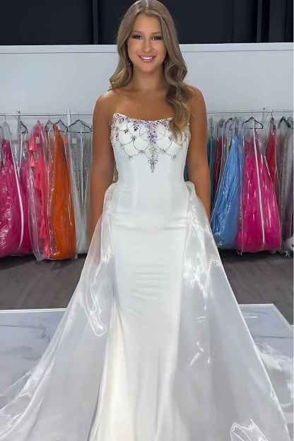 Sparkly White Strapless Mermaid Satin Long Prom Dress with Beading