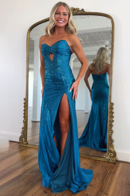 Sparkly Blue Sweetheart Mermaid Beaded Cut-Out Long Prom Dress with Slit